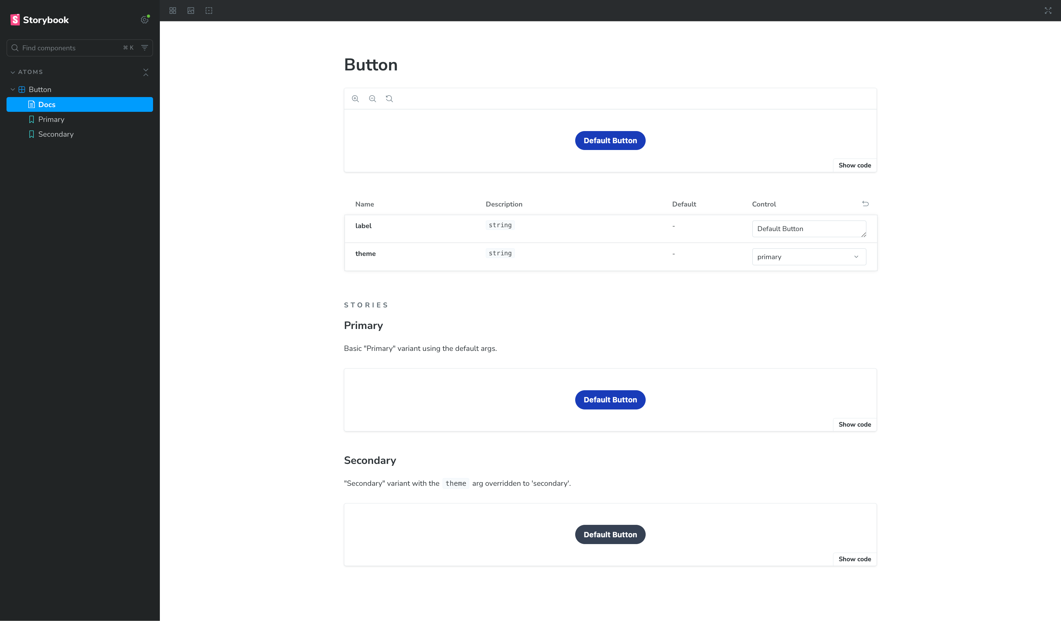 Storybook button component with autodocs